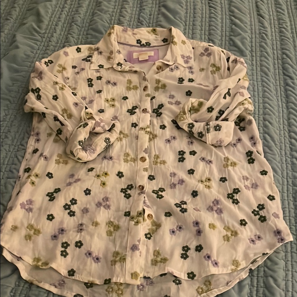 Maeve Green and White Floral Blouse with Long Sleeves